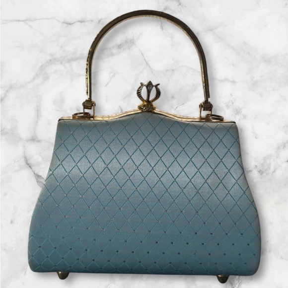 💎💟Vintage Baby Blue Mini Bag with Structured Shape and Kiss Lock Closure - Picture 6 of 14